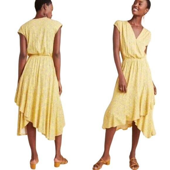NWT Maeve Anthropologie Fete Midi Medium Dress Yellow Motif Faux Wrap Surplice - Picture 1 of 7